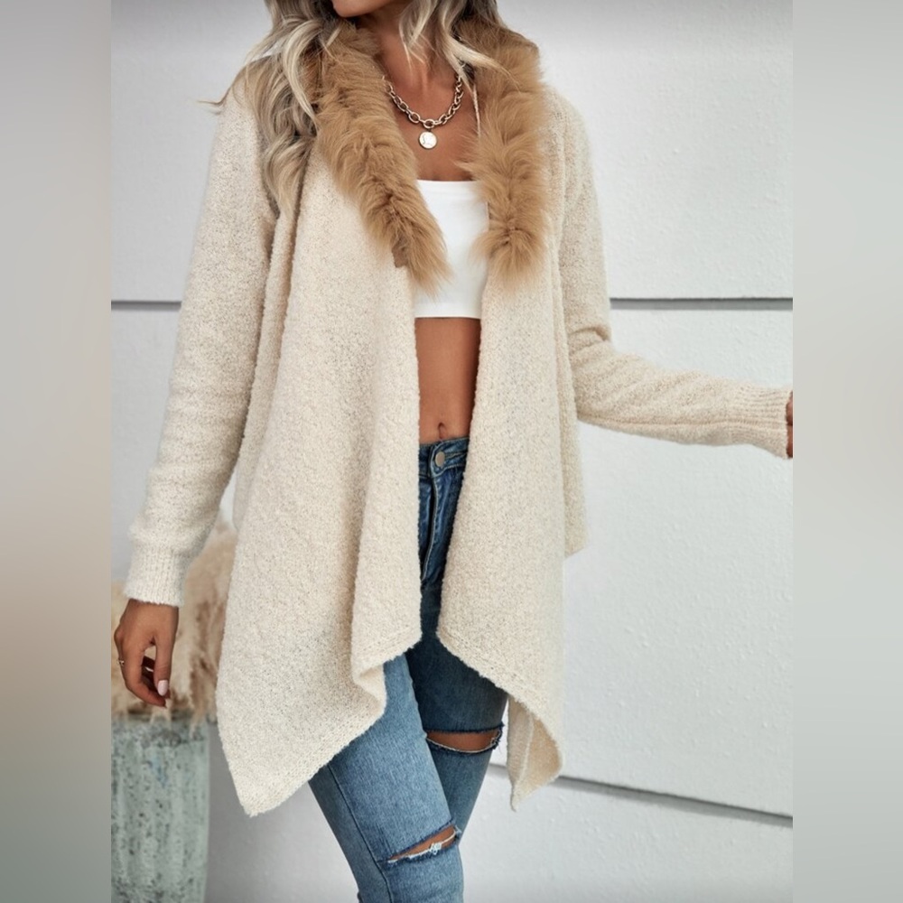 SHEIN Fuzzy Trim Asymmetrical Hem Duster Cardigan